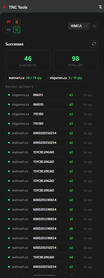 TNC Chrome extension successes panel